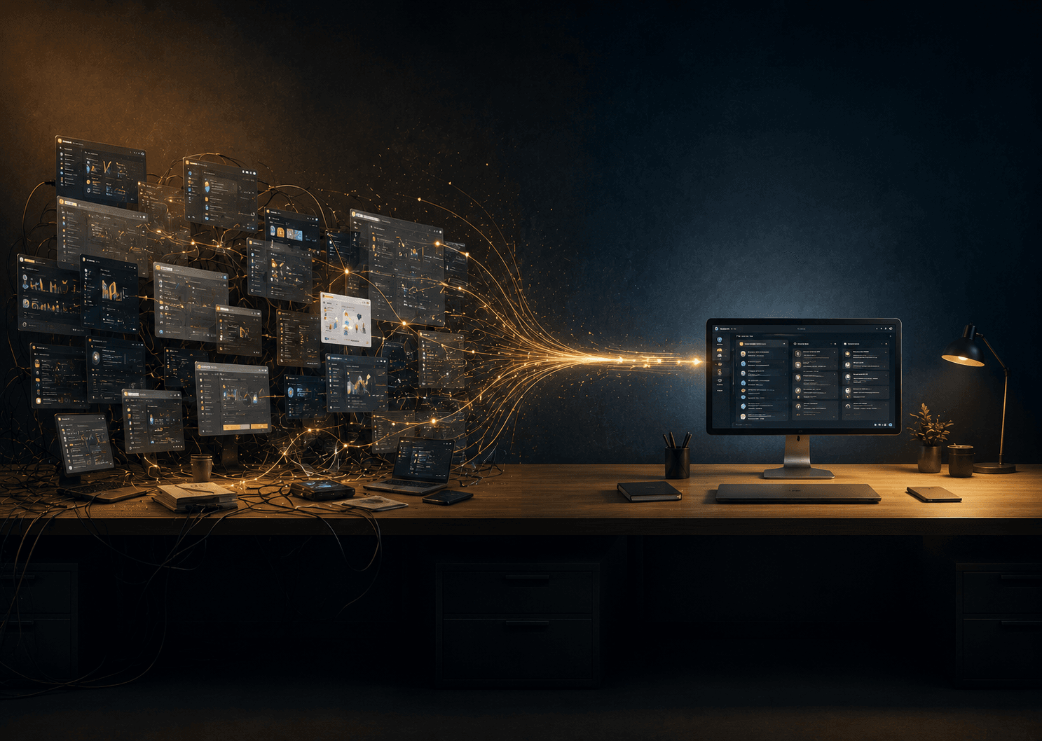 A crowded desk of a dozen glowing app icons on the left resolving into a single clean workspace on the right, the same work, fewer objects.