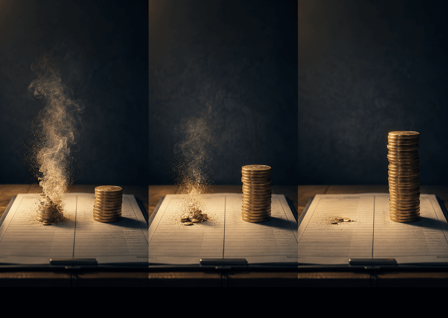 Two identical stacks of coins on a balance sheet, one dissolving into vapor, the other growing taller across three columns.