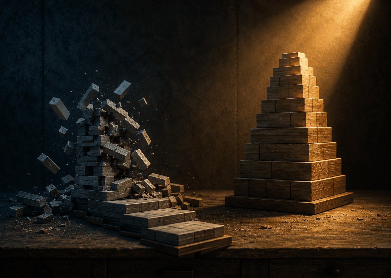 Two stacks of blocks on one workbench, the left one collapsing and starting from a bare base, the right one rising steadily and holding.