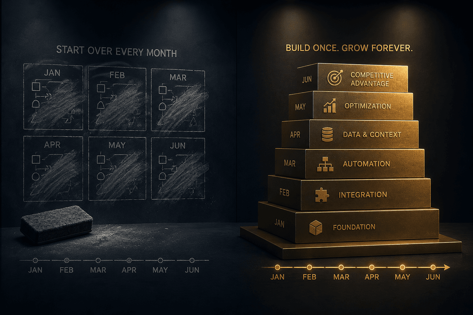Most AI starts over every month. The right setup gets stronger.