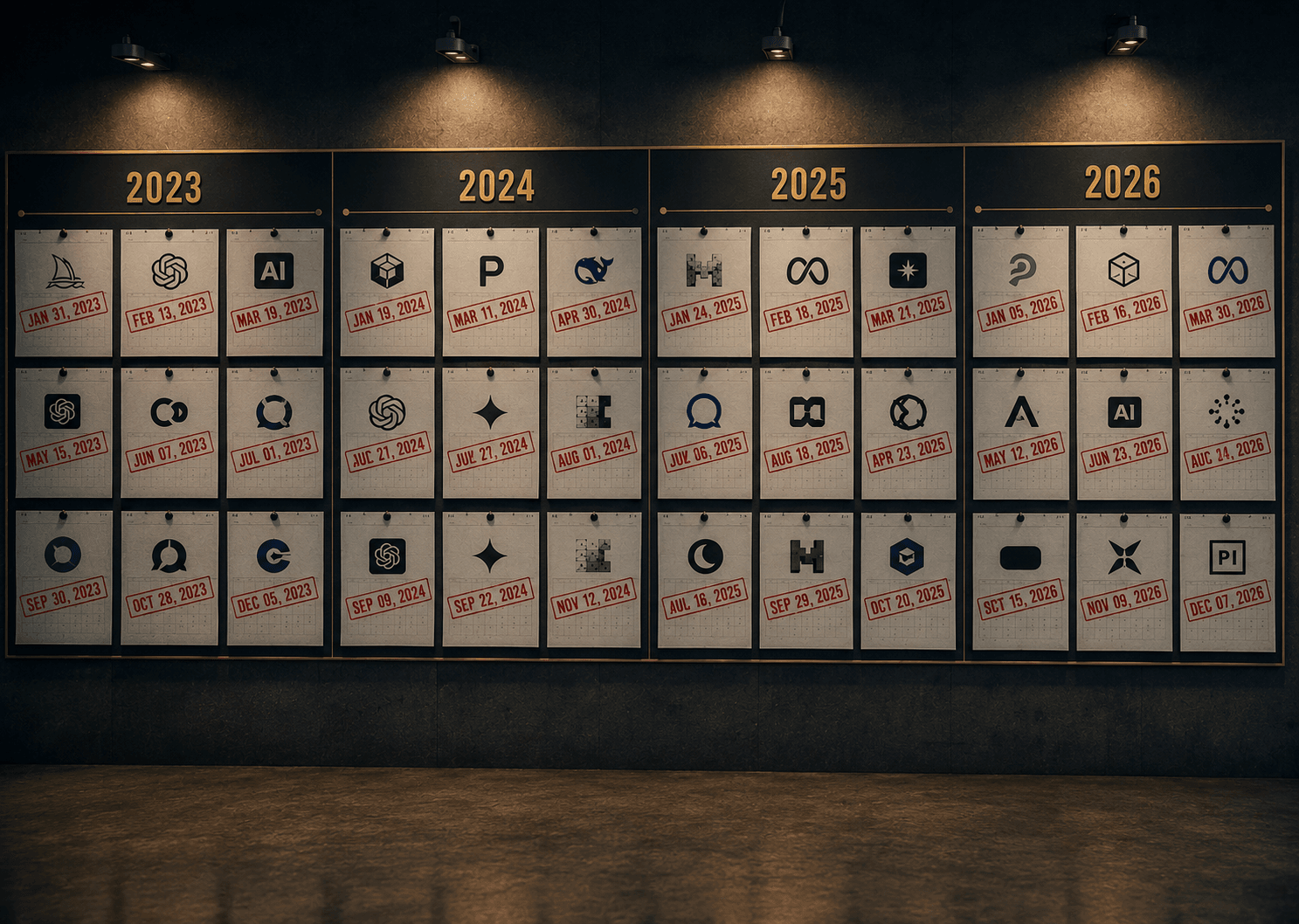 A wall calendar where a row of AI tool logos each has a red shutdown date stamped across it, left to right through 2023 to 2026.