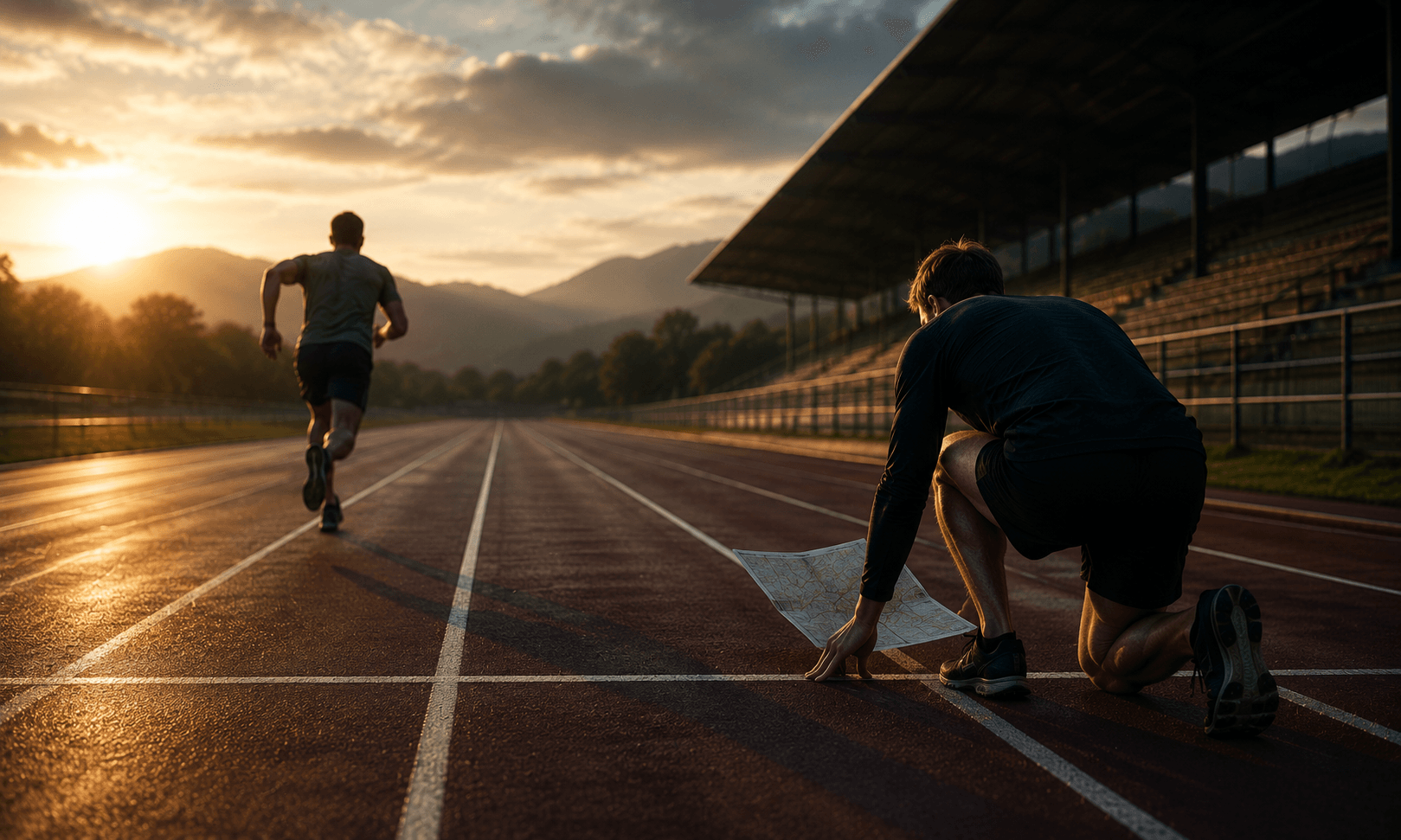 Two runners at a starting line, one already moving while the other studies a map of the track.