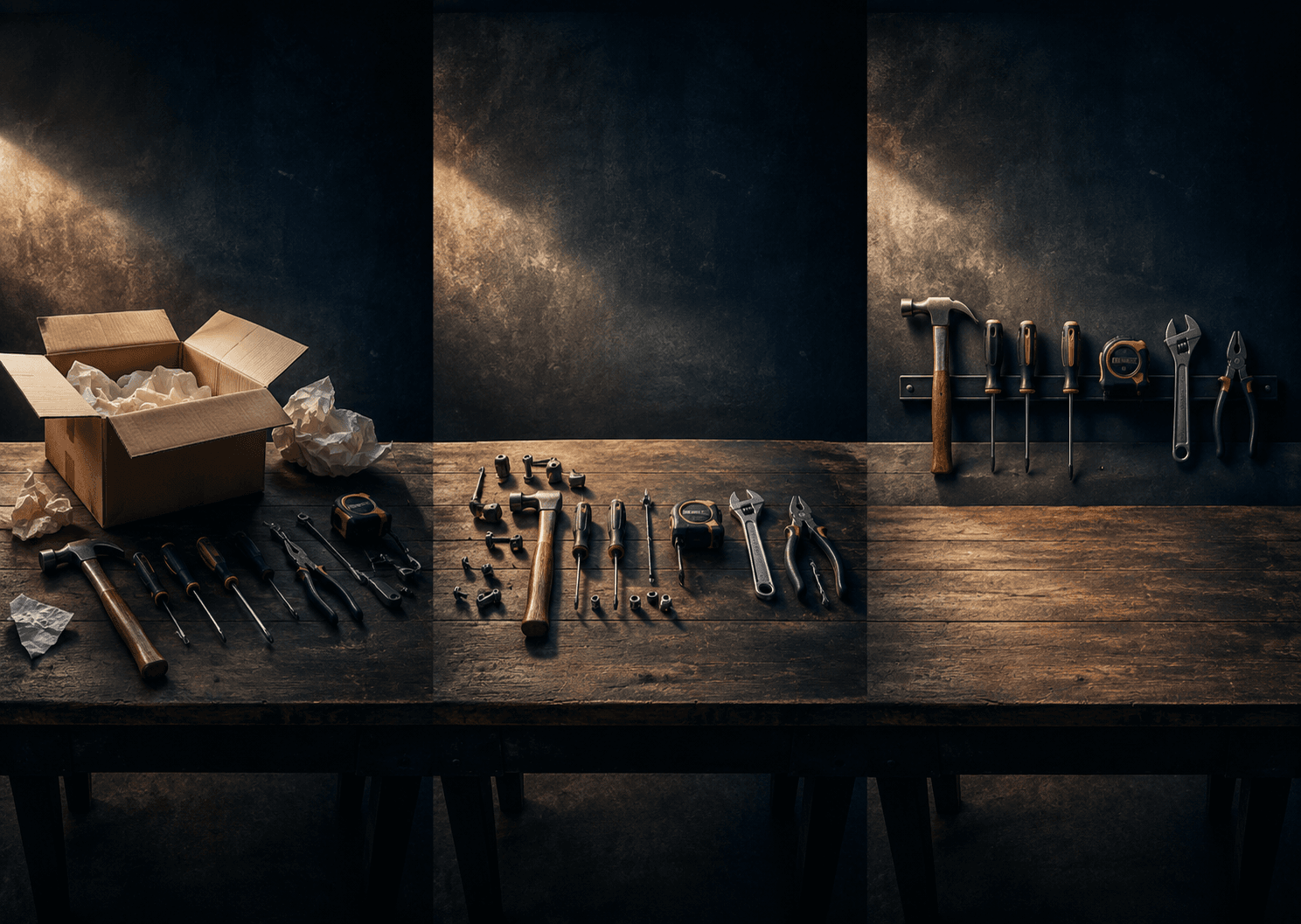 A workshop bench where the same tools are being unpacked and rebuilt three times over, left to right.